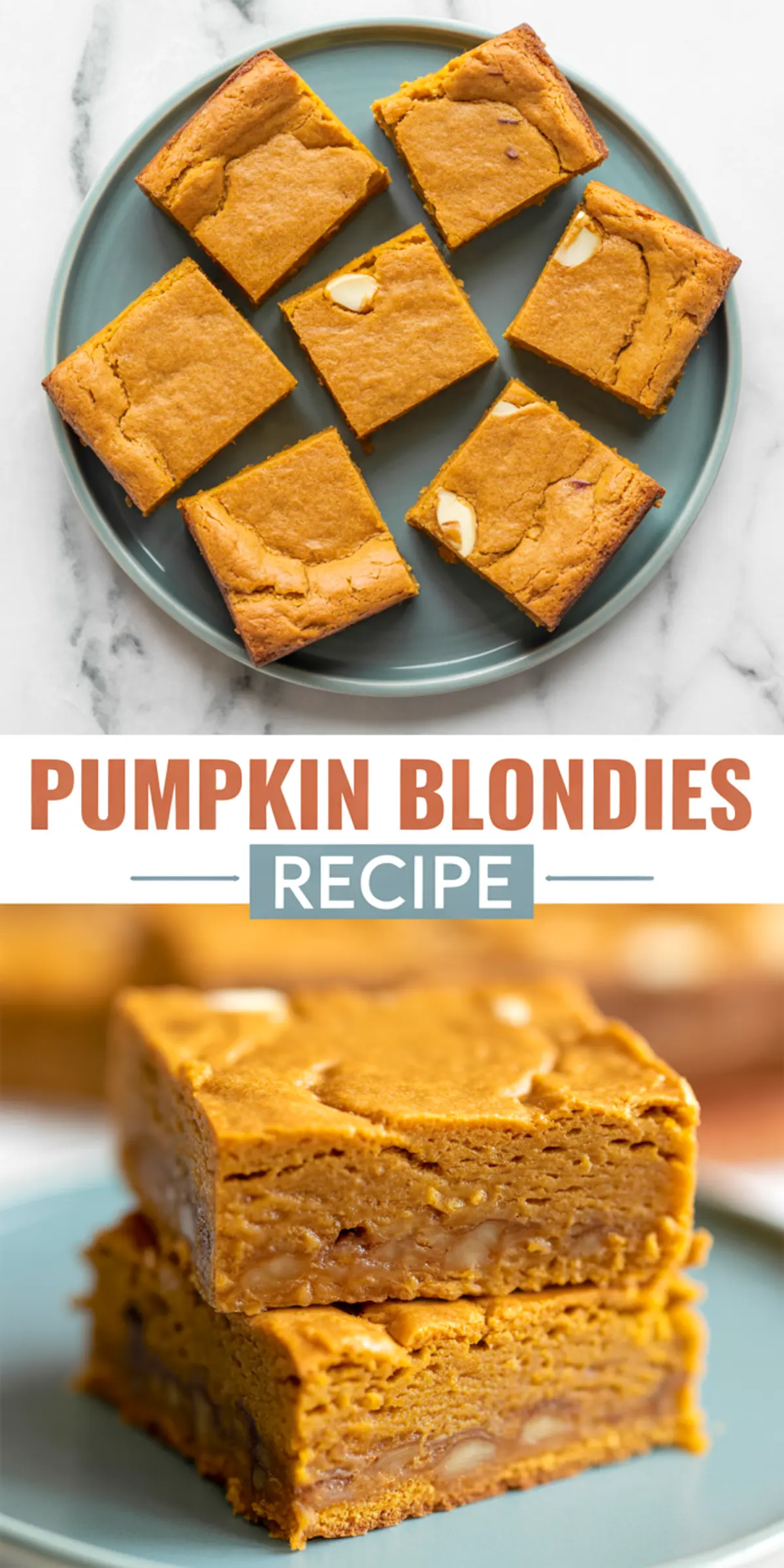 A collage with golden-brown pumpkin blondie squares arranged in a circle on a plate and a close-up of stacked pieces showing gooey centers and nuts, with the label “Pumpkin Blondies Recipe.”