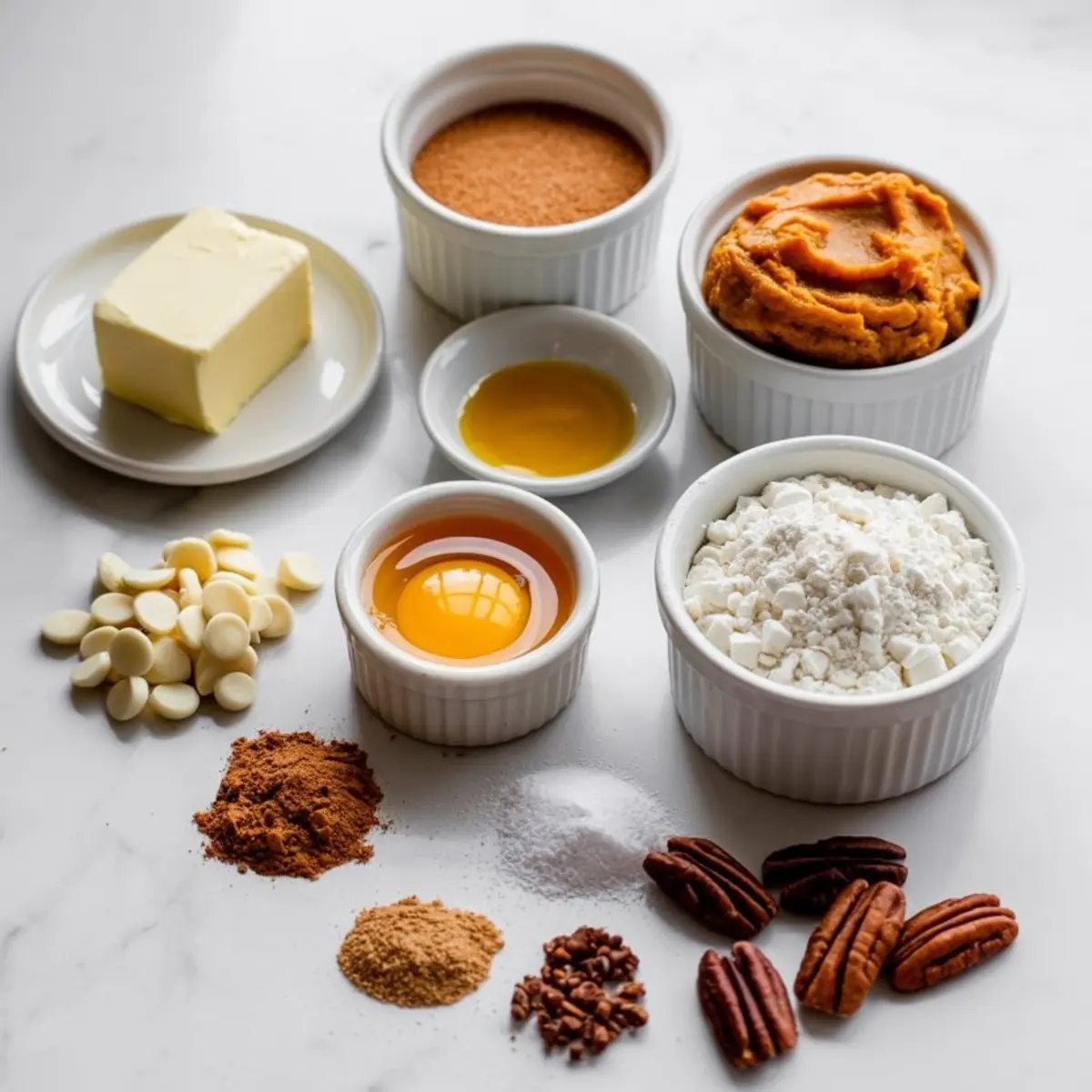 An overhead view of separated pumpkin blondie ingredients in small dishes, featuring flour, pumpkin puree, eggs, butter, brown sugar, white chocolate chips, spices, and pecans.