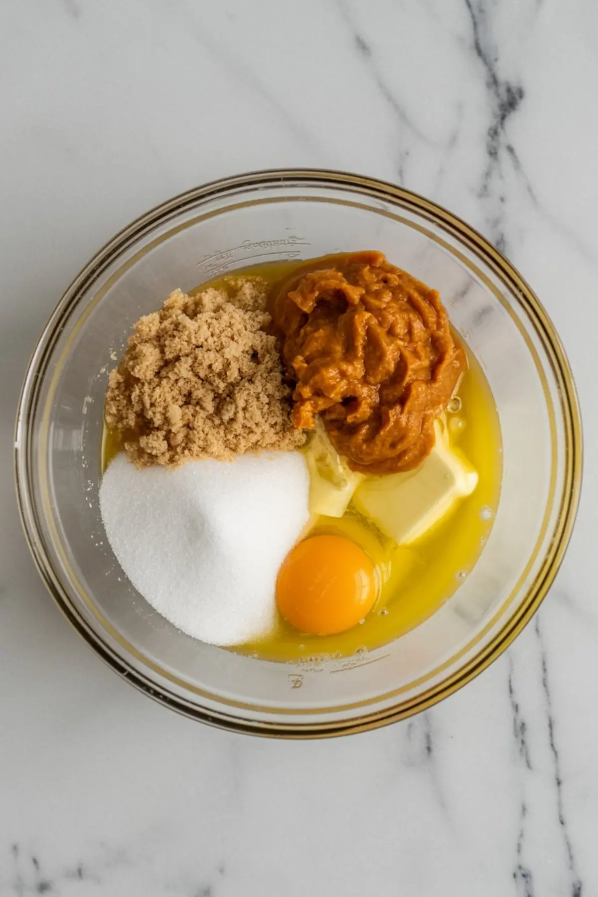 A glass bowl with unmixed ingredients for pumpkin blondies, including pumpkin puree, brown sugar, granulated sugar, butter, and a raw egg.