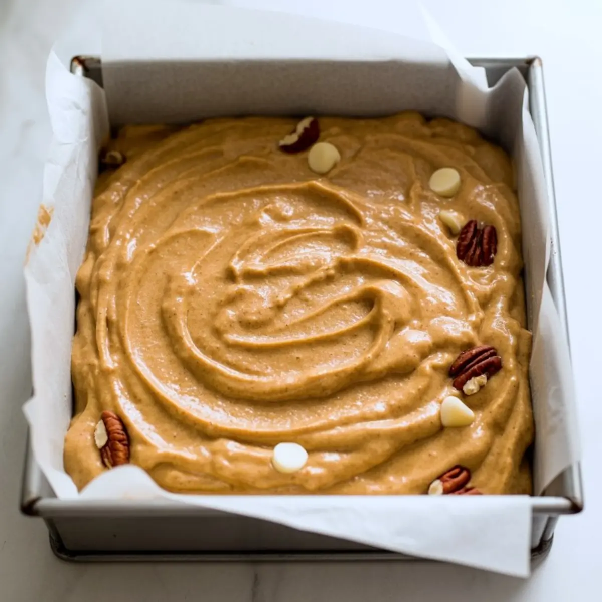 A square baking pan filled with smooth pumpkin blondie batter, topped with pecans and white chocolate chips, lined with parchment paper on a light surface.