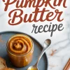 Overhead shot of a glass jar filled with creamy pumpkin butter on a grey plate, paired with toast, a spoonful of spread, cinnamon sticks, and “Easy Pumpkin Butter Recipe” text.