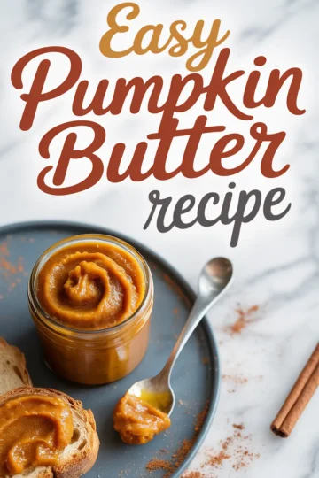 Overhead shot of a glass jar filled with creamy pumpkin butter on a grey plate, paired with toast, a spoonful of spread, cinnamon sticks, and “Easy Pumpkin Butter Recipe” text.