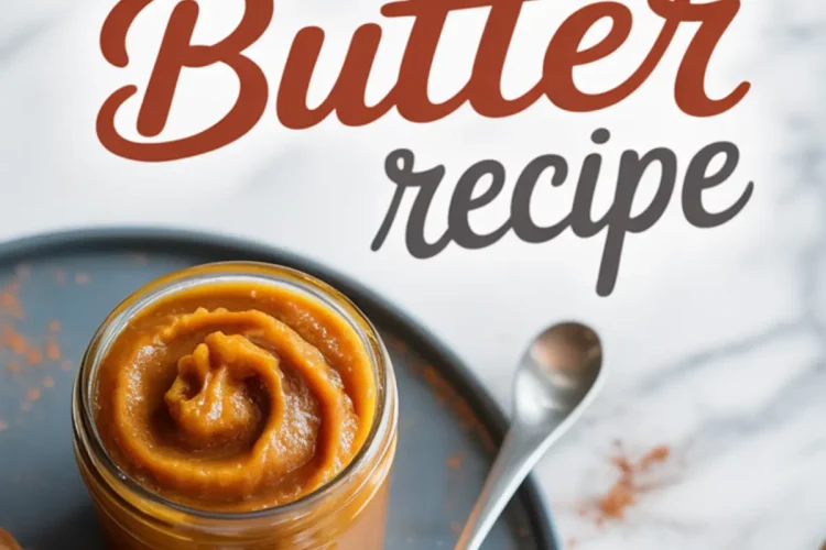 Overhead shot of a glass jar filled with creamy pumpkin butter on a grey plate, paired with toast, a spoonful of spread, cinnamon sticks, and “Easy Pumpkin Butter Recipe” text.
