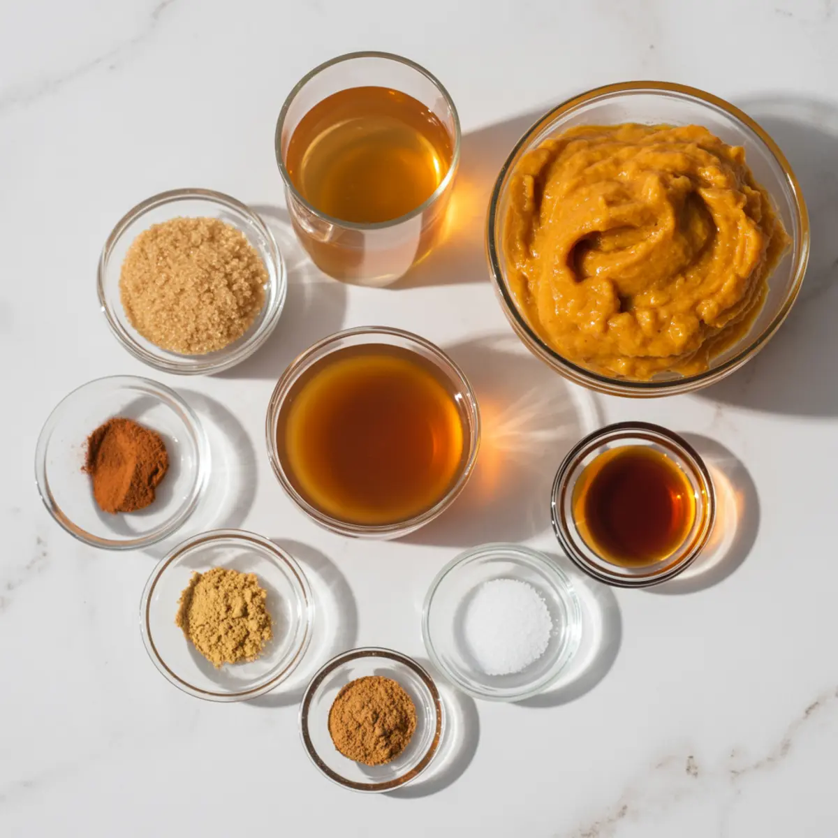 Flat lay of pumpkin butter ingredients in clear glass bowls including pumpkin purée, maple syrup, brown sugar, apple cider, vanilla extract, cinnamon, ginger, nutmeg, and salt.