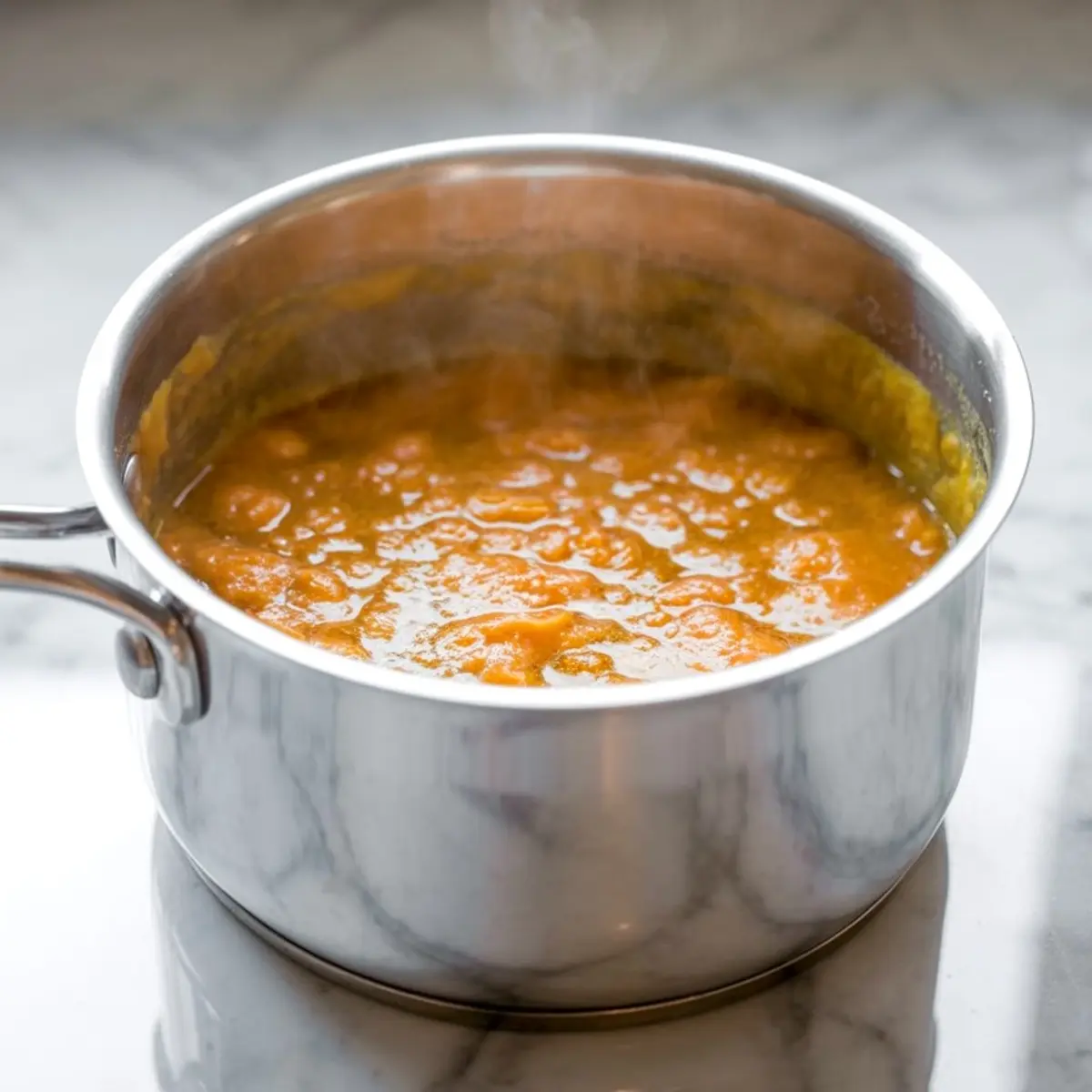 Steaming saucepan filled with thick, bubbling pumpkin mixture cooking on a marble stovetop, ideal for homemade pumpkin butter preparation.