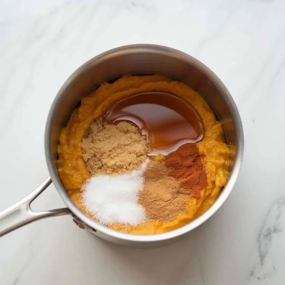 Overhead view of pumpkin purée in a saucepan topped with brown sugar, granulated sugar, cinnamon, ginger, nutmeg, and maple syrup, showing key ingredients before cooking.