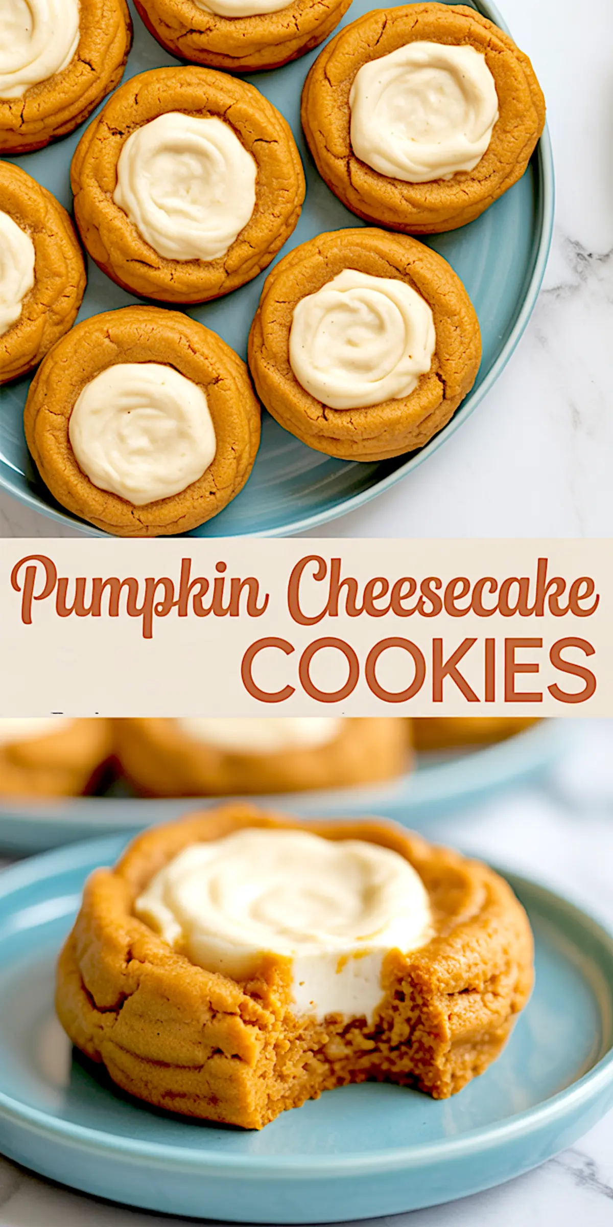 Blue plate filled with baked pumpkin cheesecake cookies with creamy white cheesecake centers, accompanied by a close-up of a bitten cookie showcasing the soft interior.