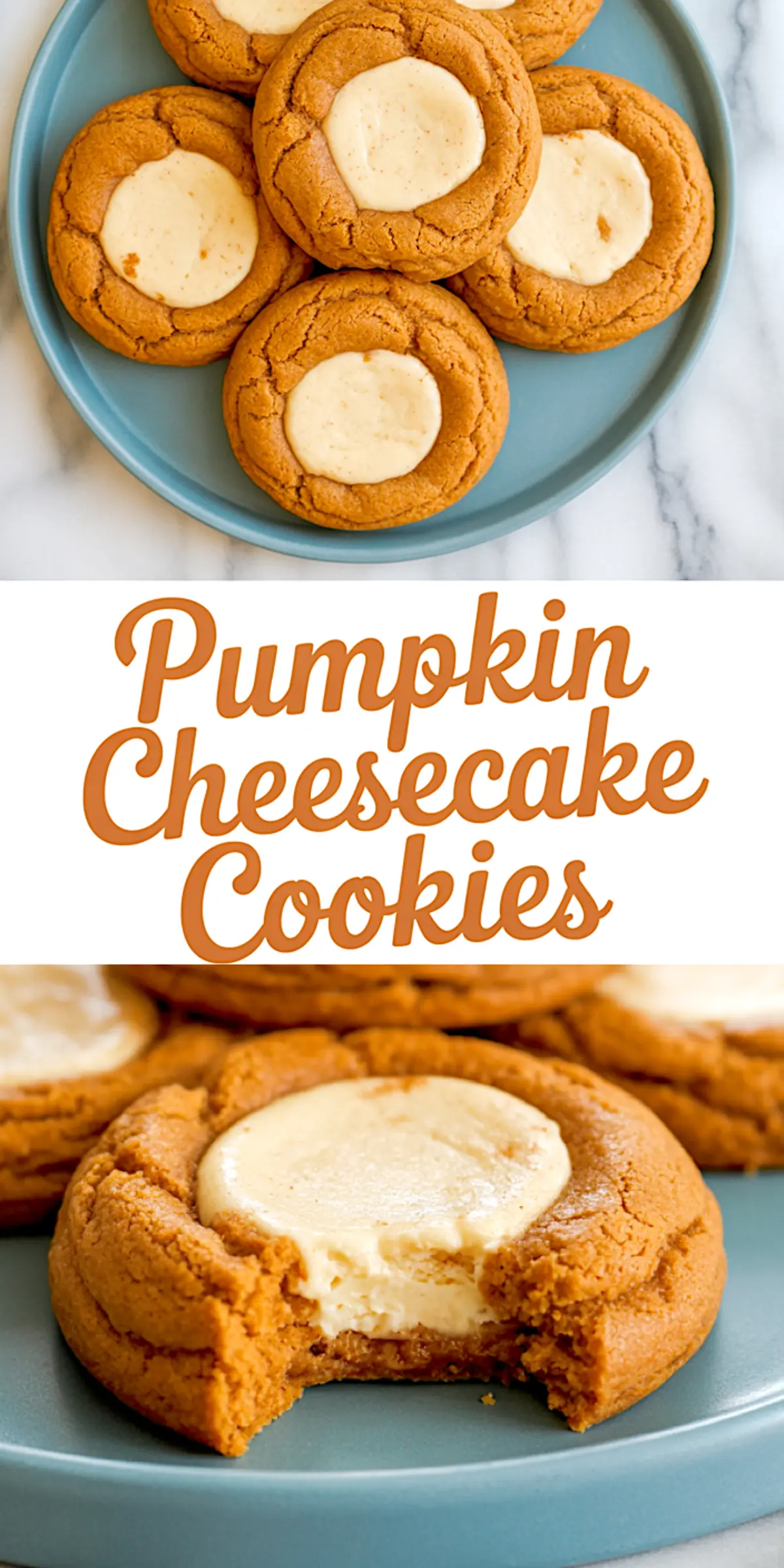 Top view of golden brown pumpkin cheesecake cookies on a blue plate, each with a smooth cheesecake center, plus a close-up of a bitten cookie on the lower half.