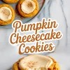 Plate of pumpkin cheesecake cookies topped with cinnamon on a marble background, with a close-up of a single bitten cookie revealing the soft pumpkin texture and creamy cheesecake center.
