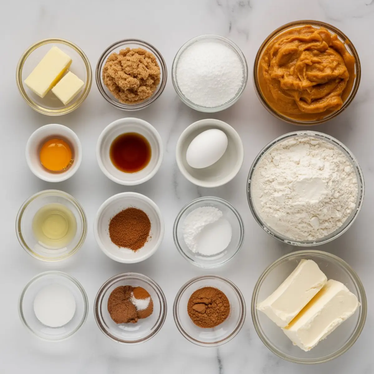 Flat lay of individual pumpkin cheesecake cookie ingredients in small glass and ceramic bowls on a marble surface, including butter, brown sugar, white sugar, egg, vanilla, pumpkin puree, flour, cream cheese, and spices like cinnamon, nutmeg, and ginger.