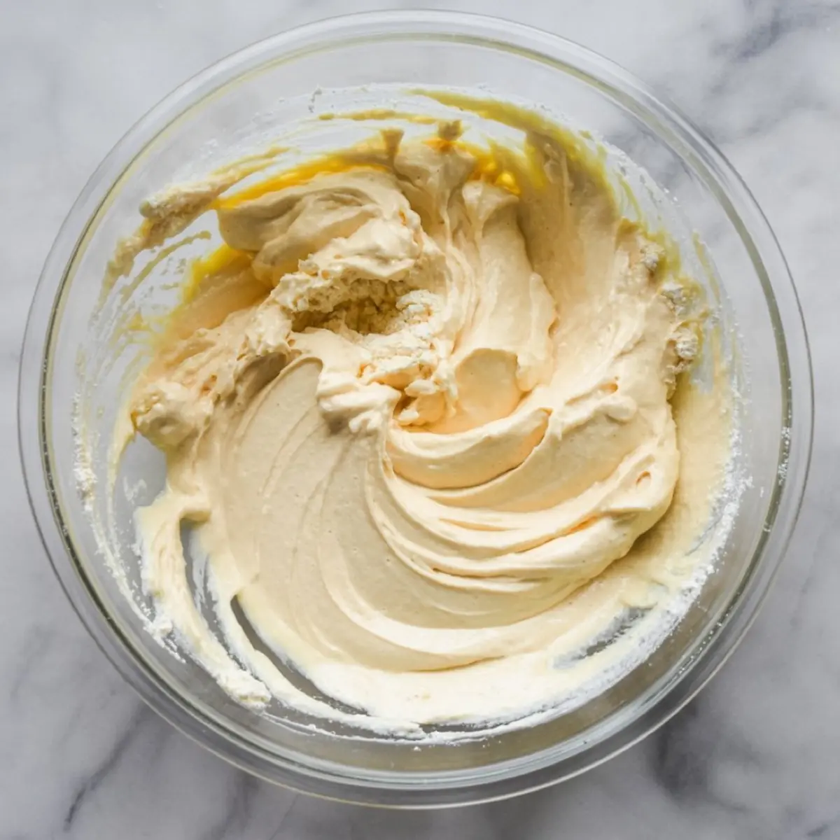 Overhead view of cookie dough mixture in a glass bowl with creamy, smooth texture in the process of being mixed, showing a swirl of butter, sugar, egg, and flour.