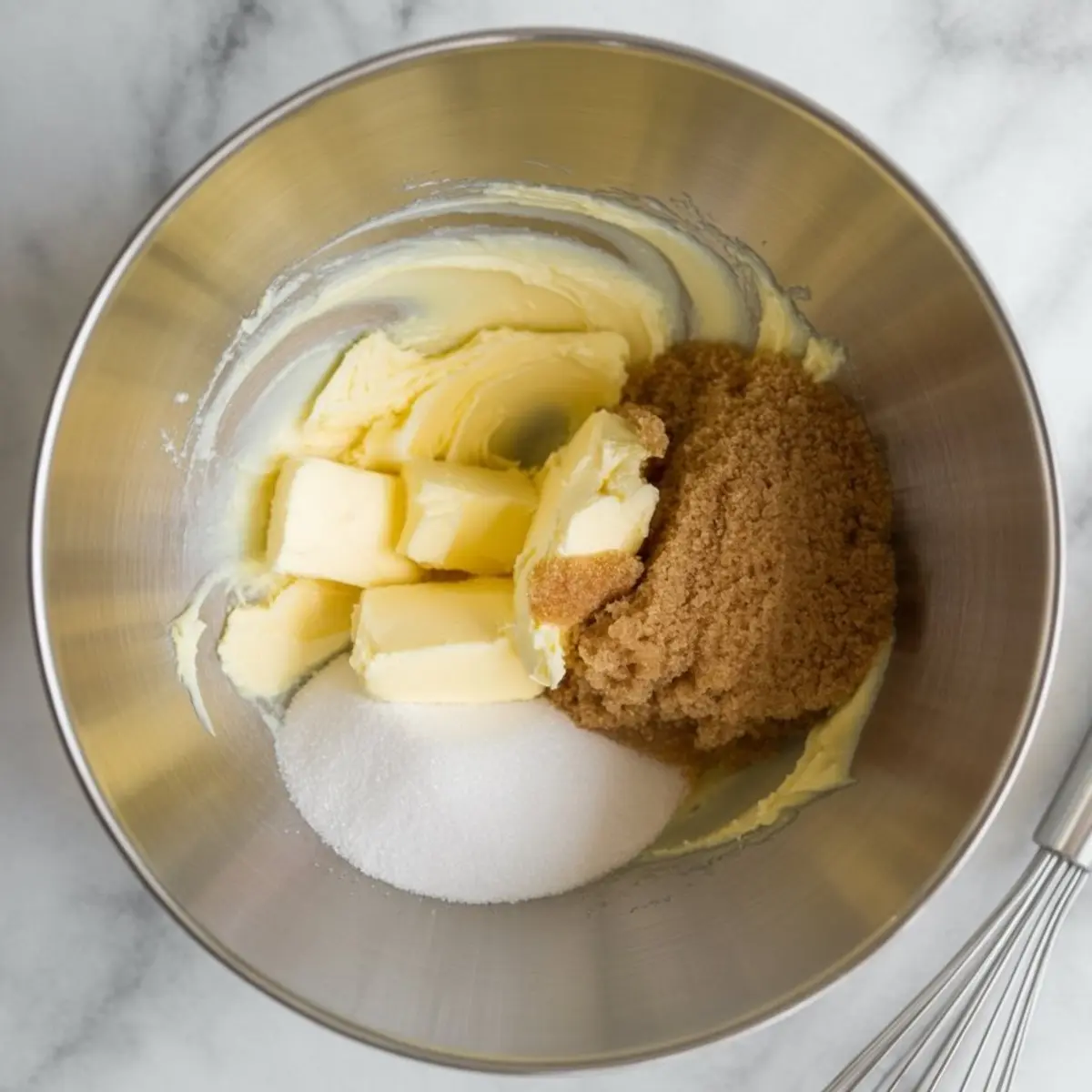 Metal mixing bowl with partially mixed cookie dough, showcasing pumpkin puree, egg, sugar, and vanilla on top of creamed butter and sugar.