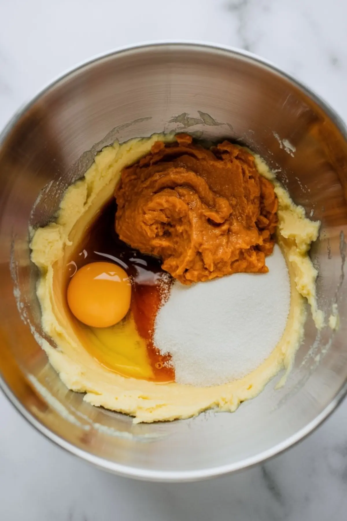 Metal mixing bowl with partially mixed cookie dough, showcasing pumpkin puree, egg, sugar, and vanilla on top of creamed butter and sugar.