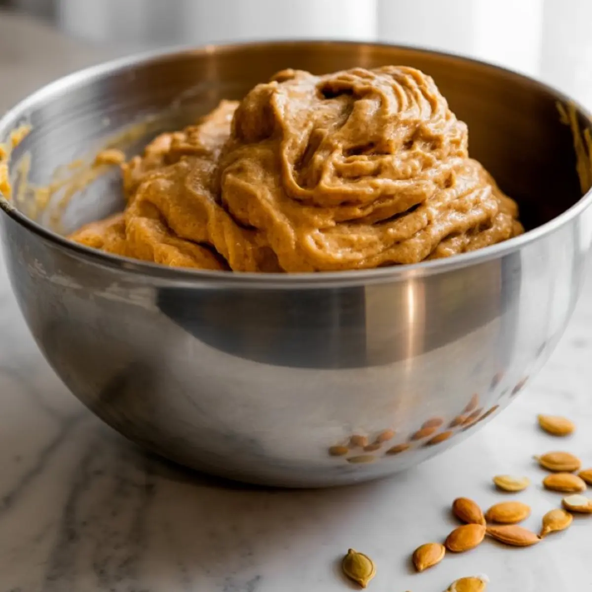 Thick pumpkin cookie dough in a stainless steel mixing bowl with a soft, whipped texture, surrounded by scattered pumpkin seeds on a marble surface.