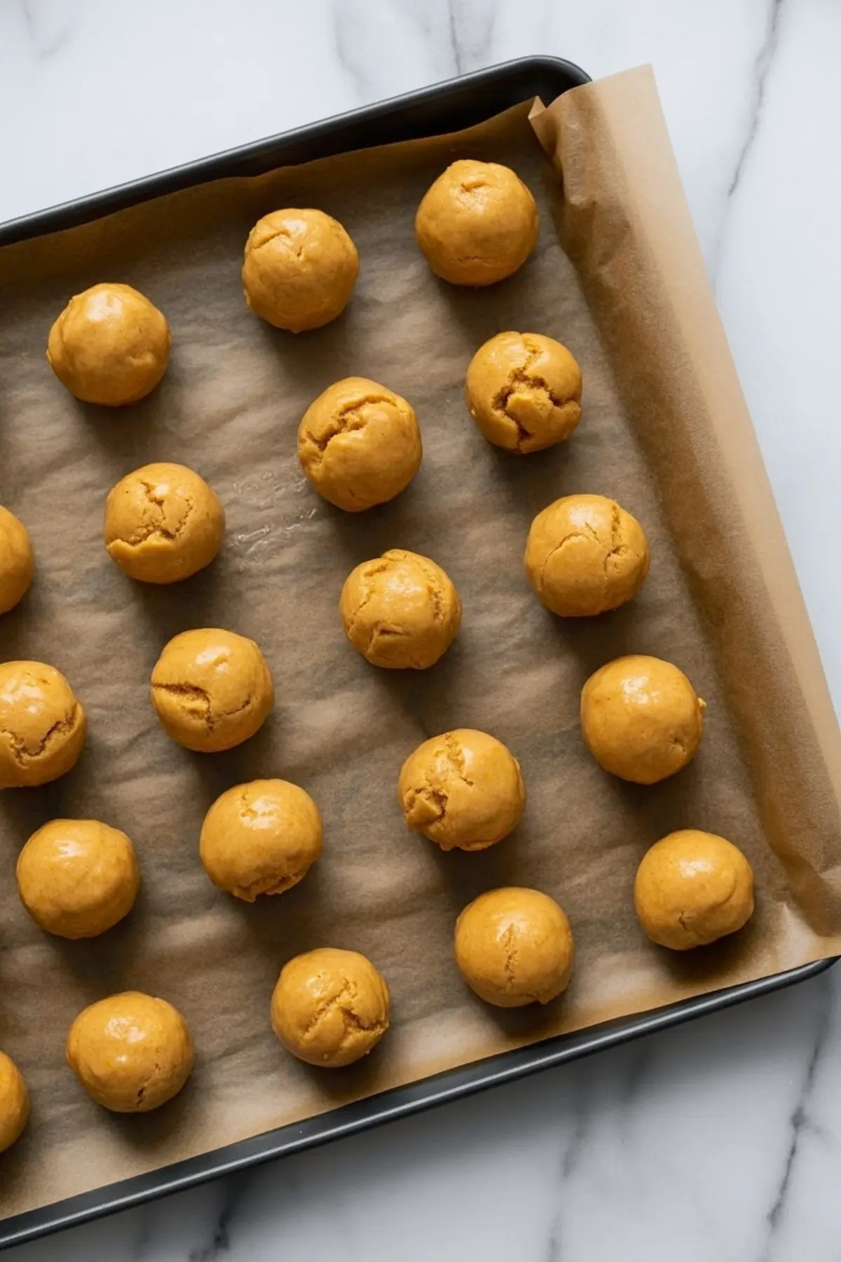 Unbaked pumpkin cookie dough balls evenly spaced on a parchment-lined baking sheet, ready to go in the oven.