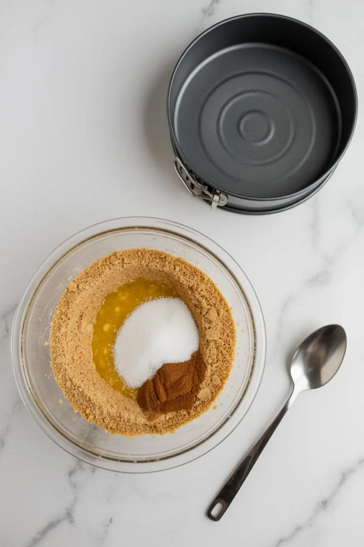 Graham cracker crust ingredients including melted butter, granulated sugar, and cinnamon in a glass bowl beside a springform pan and metal spoon on a white marble counter.
