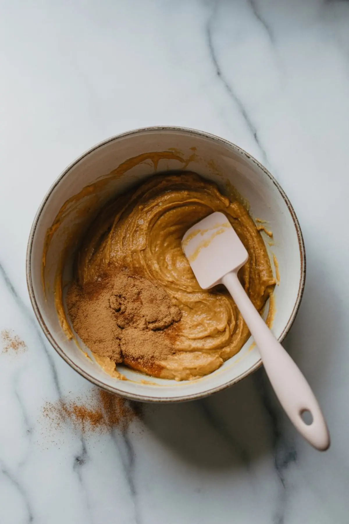 Pumpkin batter in a ceramic bowl with a silicone spatula, partially mixed with brown sugar and spices on a light marble surface.