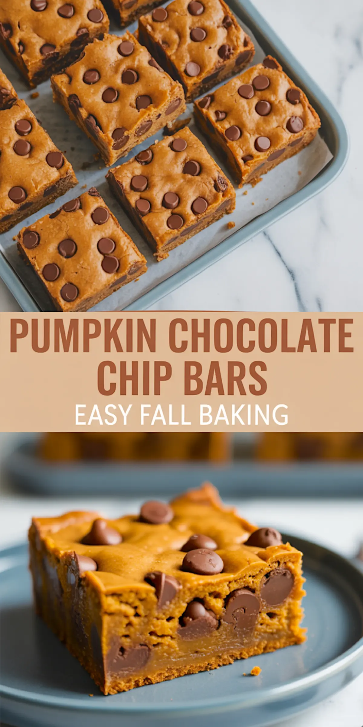 Tray of pumpkin chocolate chip bars cut into squares, with a close-up of a moist and chewy bar loaded with chocolate chips on a plate.