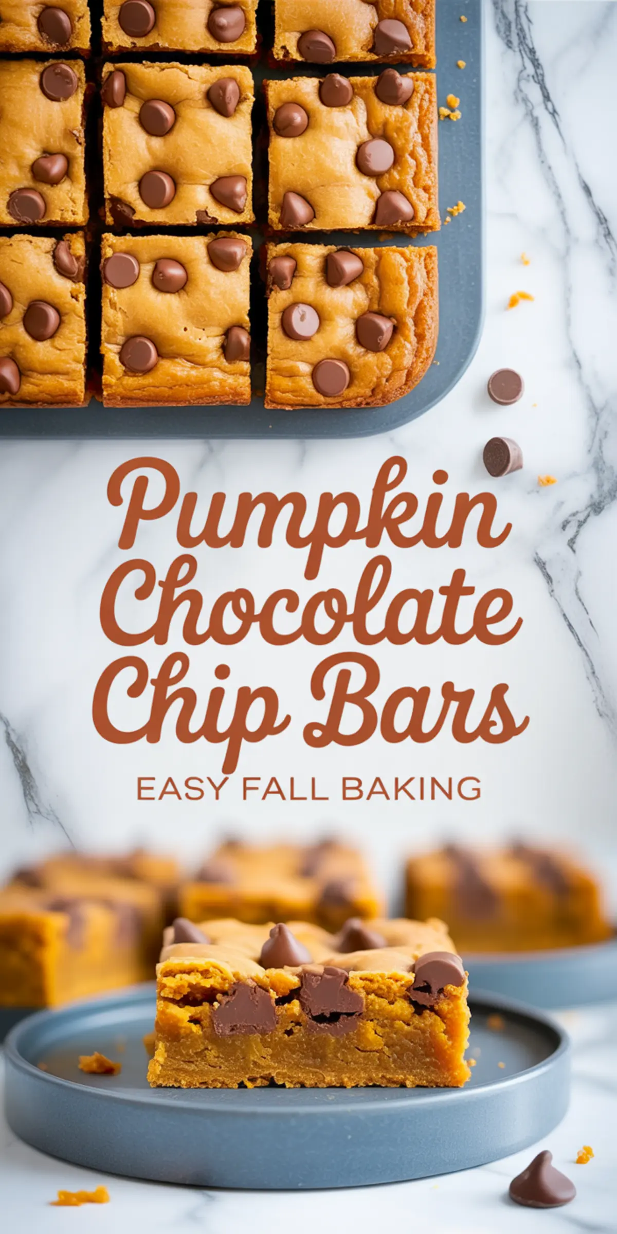 Overhead view of pumpkin chocolate chip bars in a baking pan, paired with a close-up of a bar on a plate, highlighting a soft texture with melted chocolate chips.