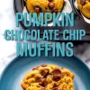 Collage image of pumpkin chocolate chip muffins baked in parchment-lined tin and a half muffin on a blue plate revealing soft texture and melted chocolate, highlighting best pumpkin muffins and chocolate chip pumpkin bread recipe.