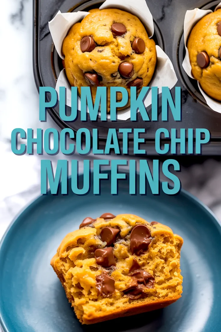 Collage image of pumpkin chocolate chip muffins baked in parchment-lined tin and a half muffin on a blue plate revealing soft texture and melted chocolate, highlighting best pumpkin muffins and chocolate chip pumpkin bread recipe.