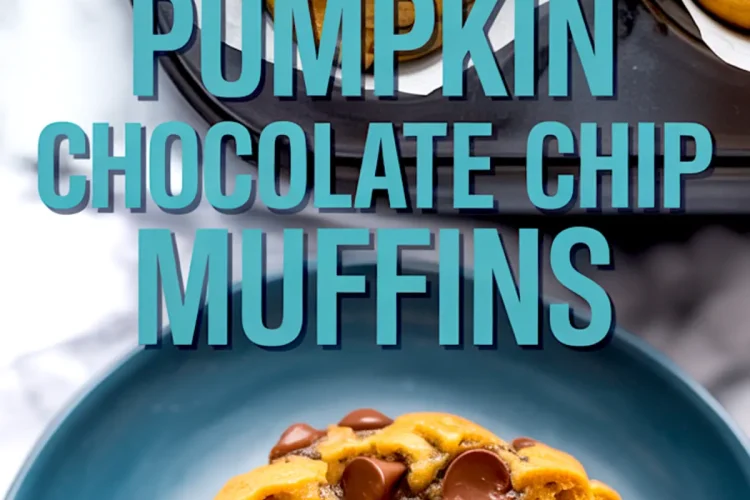 Collage image of pumpkin chocolate chip muffins baked in parchment-lined tin and a half muffin on a blue plate revealing soft texture and melted chocolate, highlighting best pumpkin muffins and chocolate chip pumpkin bread recipe.