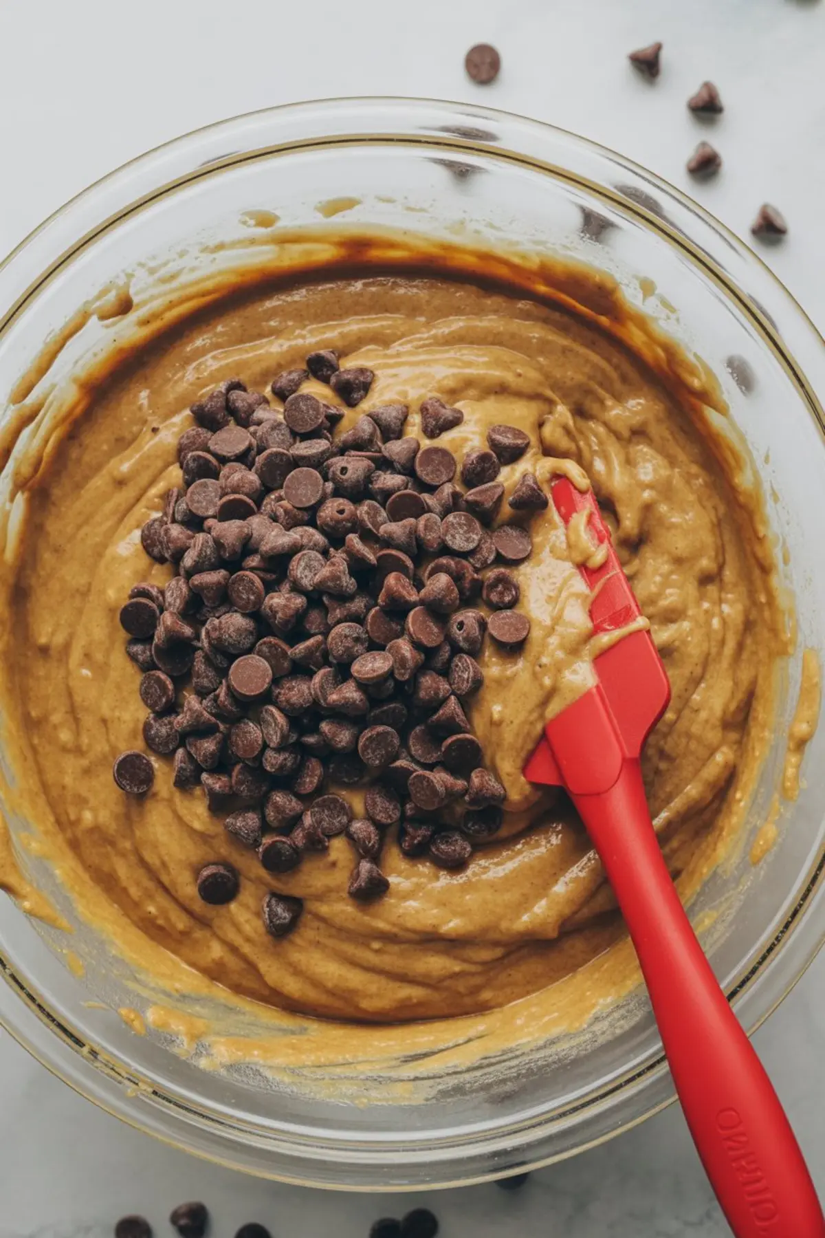 Pumpkin muffin batter in a glass bowl topped with semi-sweet chocolate chips and mixed with a red silicone spatula, prepared for baking chocolate chip pumpkin bread muffins.
