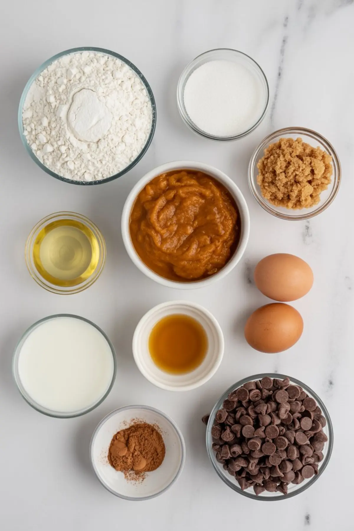 Top-down view of baking ingredients in glass and ceramic bowls including flour, sugar, brown sugar, pumpkin purée, chocolate chips, eggs, vanilla extract, cinnamon, milk, and oil for a healthy pumpkin muffins recipe.
