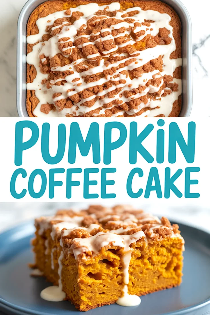 Collage featuring baked pumpkin coffee cake drizzled with white icing in a pan, and a close-up of a sliced piece on a blue plate with text overlay “Pumpkin Coffee Cake.”