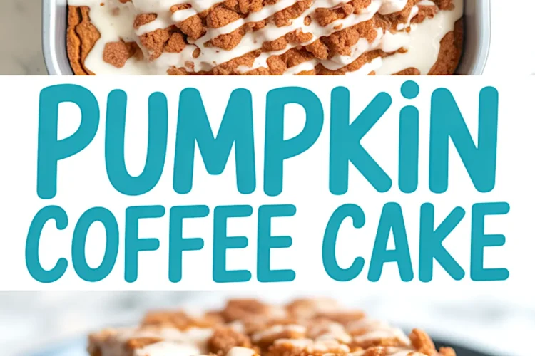 Collage featuring baked pumpkin coffee cake drizzled with white icing in a pan, and a close-up of a sliced piece on a blue plate with text overlay “Pumpkin Coffee Cake.”