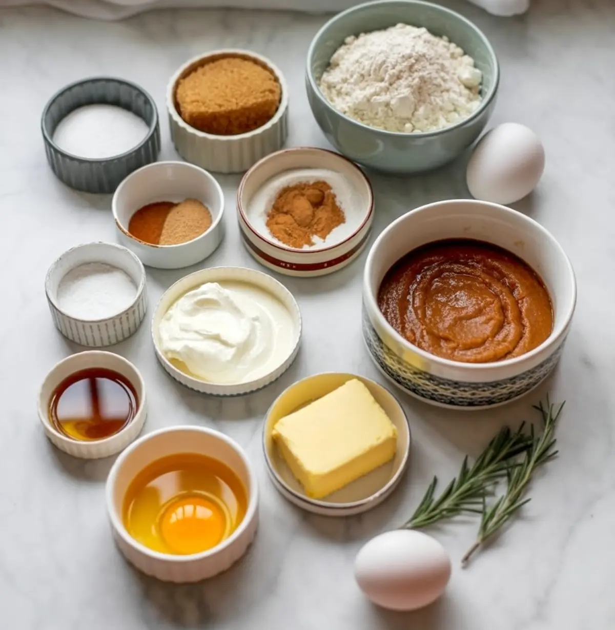 Overhead view of pumpkin coffee cake ingredients on a marble countertop, including flour, brown sugar, eggs, pumpkin purée, yogurt, vanilla extract, butter, spices like cinnamon and nutmeg, and baking essentials.