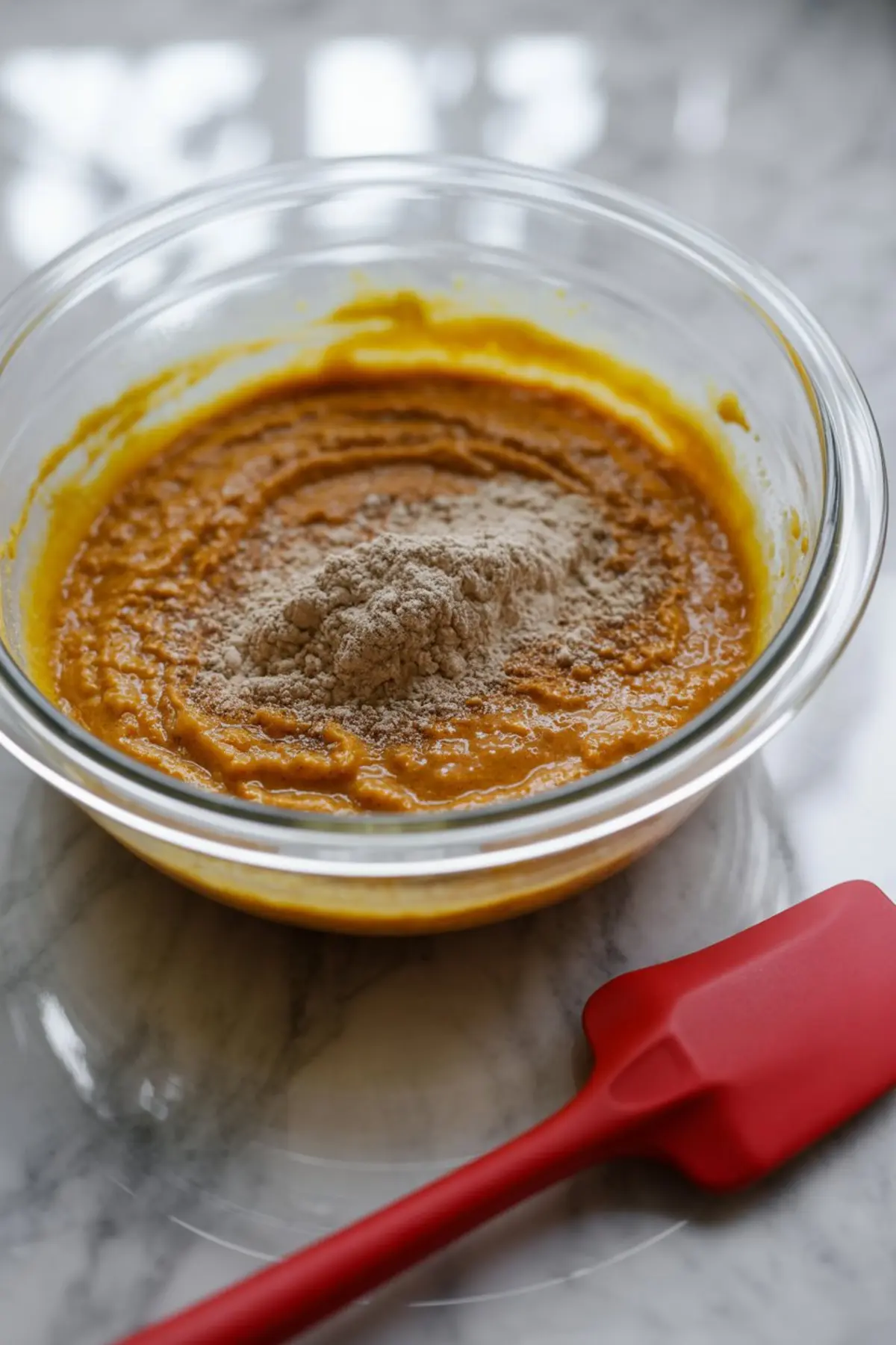 Glass mixing bowl filled with pumpkin batter, topped with dry flour mixture, sitting on a marble counter with a red silicone spatula.
