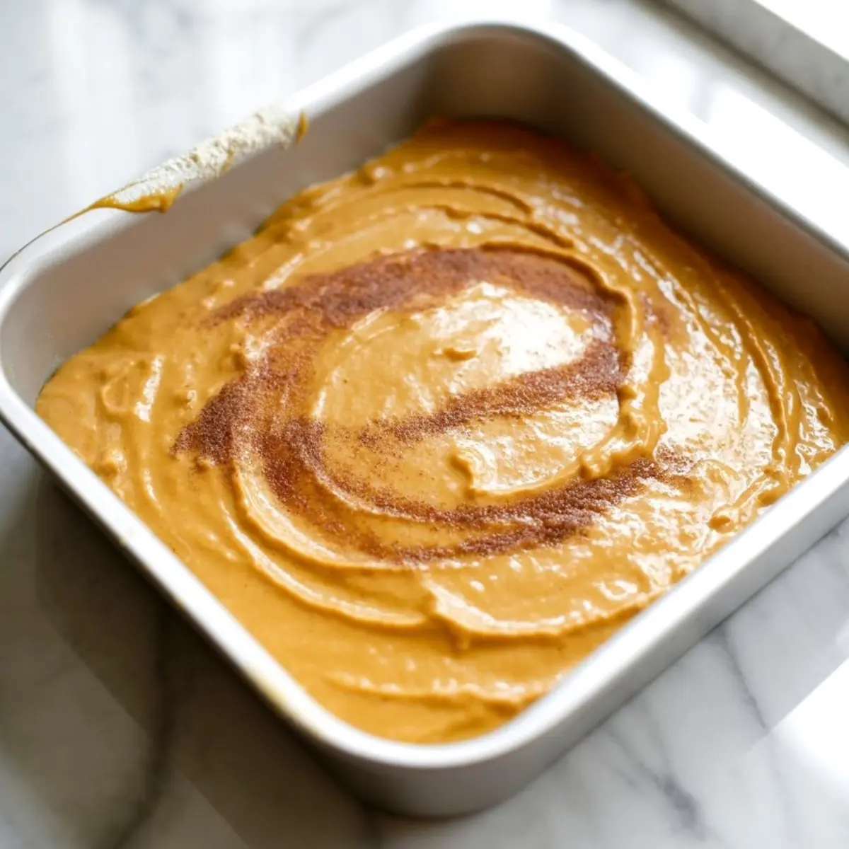 Pumpkin coffee cake batter swirled into a square baking pan, sprinkled with cinnamon sugar, ready to be baked.