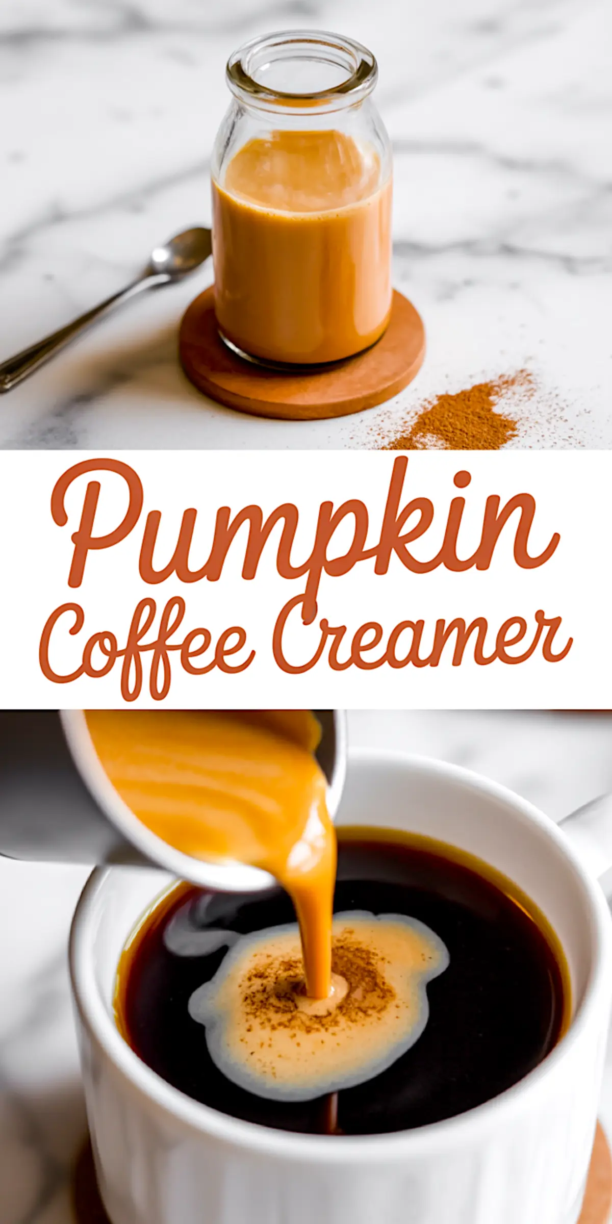 Glass bottle of homemade pumpkin coffee creamer on a wooden coaster with cinnamon powder and a spoon, labeled “Pumpkin Coffee Creamer.”