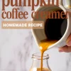 Homemade pumpkin coffee creamer being poured from a pitcher into a glass bottle, with text overlay reading “Pumpkin Coffee Creamer Homemade Recipe.”