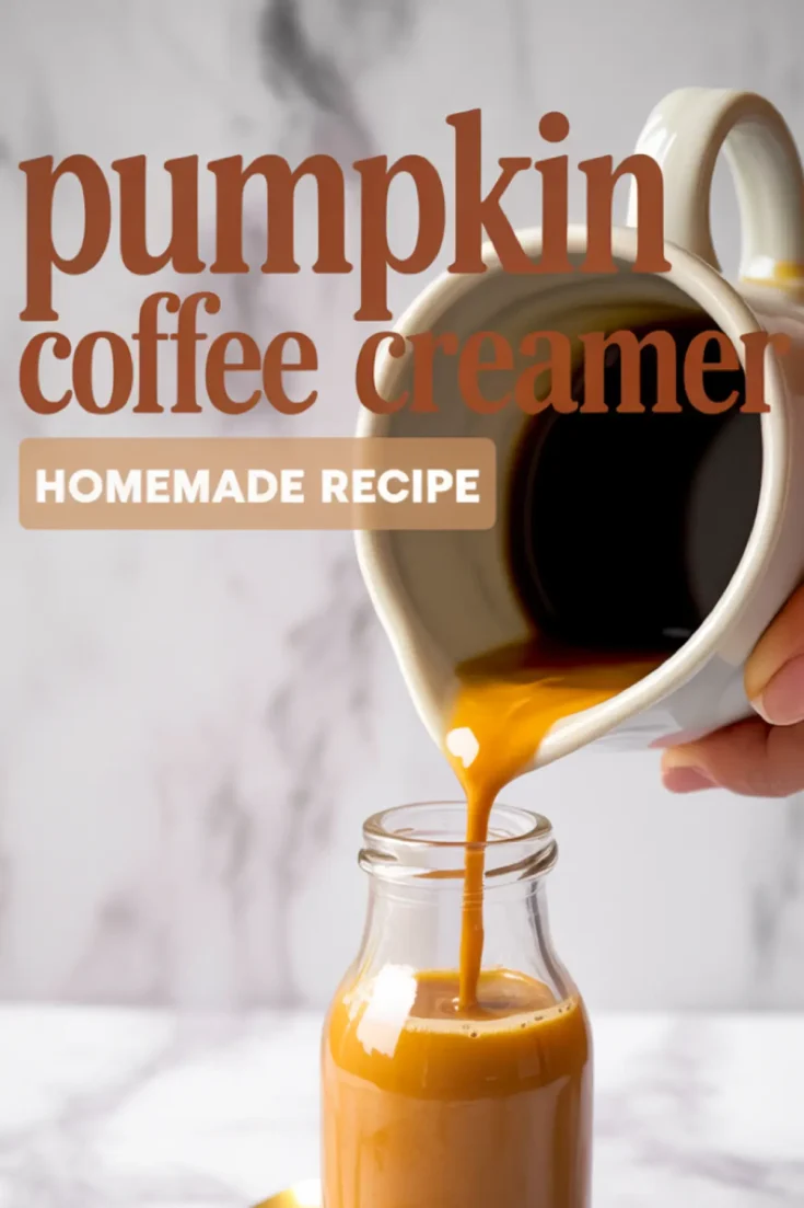 Homemade pumpkin coffee creamer being poured from a pitcher into a glass bottle, with text overlay reading “Pumpkin Coffee Creamer Homemade Recipe.”