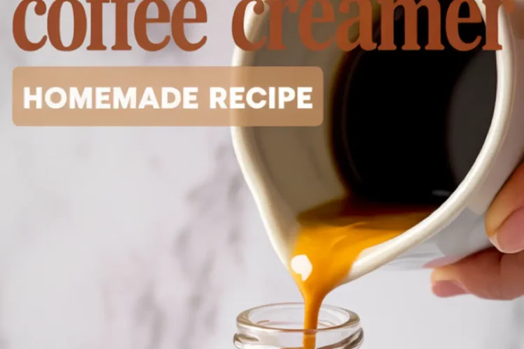 Homemade pumpkin coffee creamer being poured from a pitcher into a glass bottle, with text overlay reading “Pumpkin Coffee Creamer Homemade Recipe.”