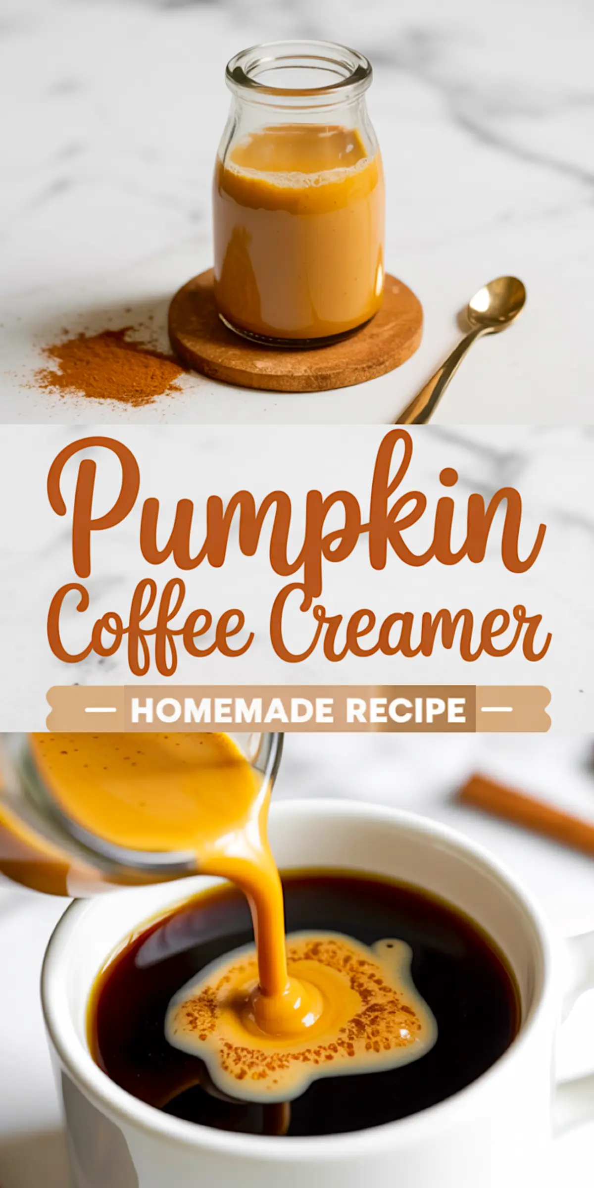 Glass jar of pumpkin coffee creamer beside a golden spoon and cinnamon on a wooden coaster, labeled “Pumpkin Coffee Creamer Homemade Recipe.”