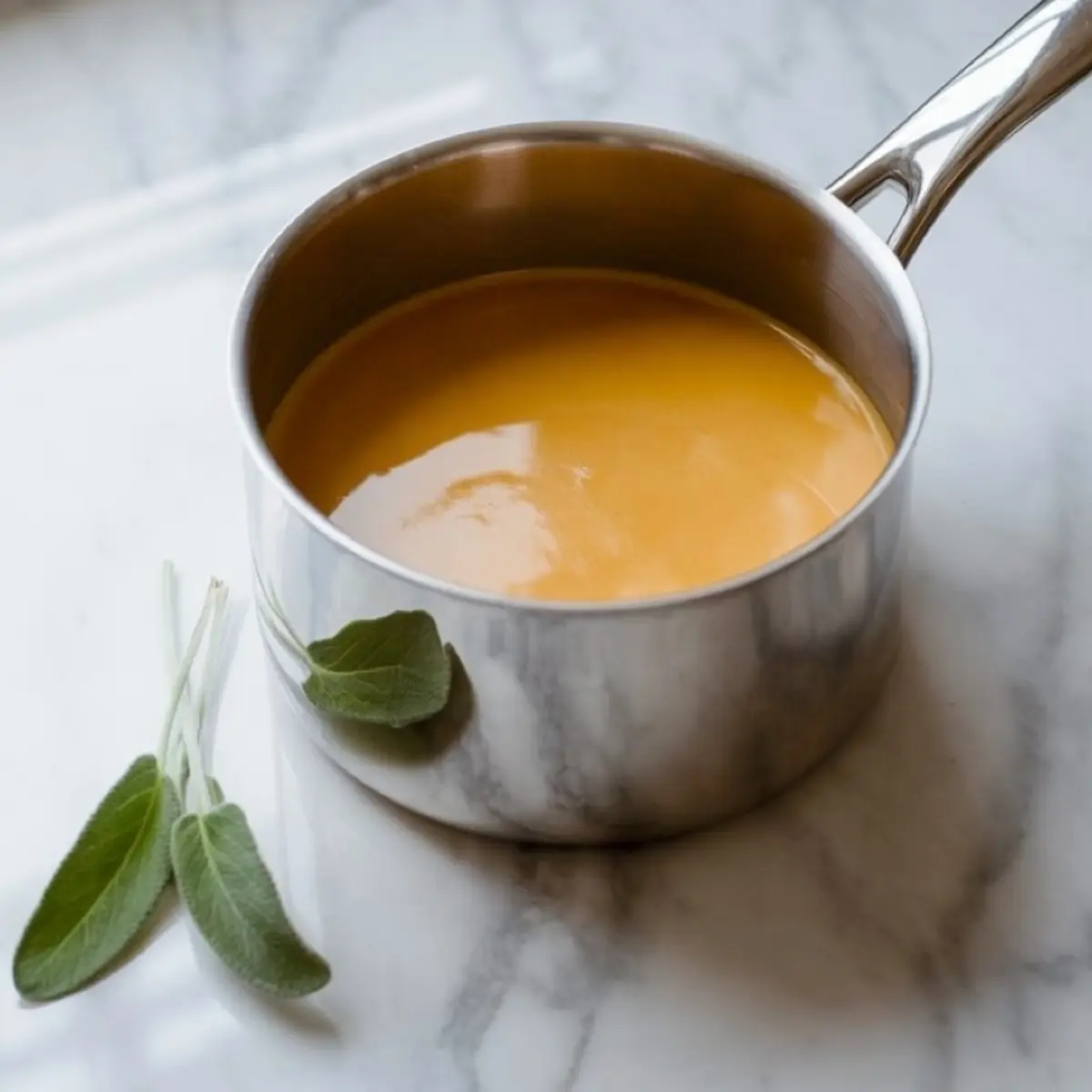 Stainless steel saucepan filled with smooth pumpkin coffee creamer on a marble counter, garnished with fresh sage leaves.
