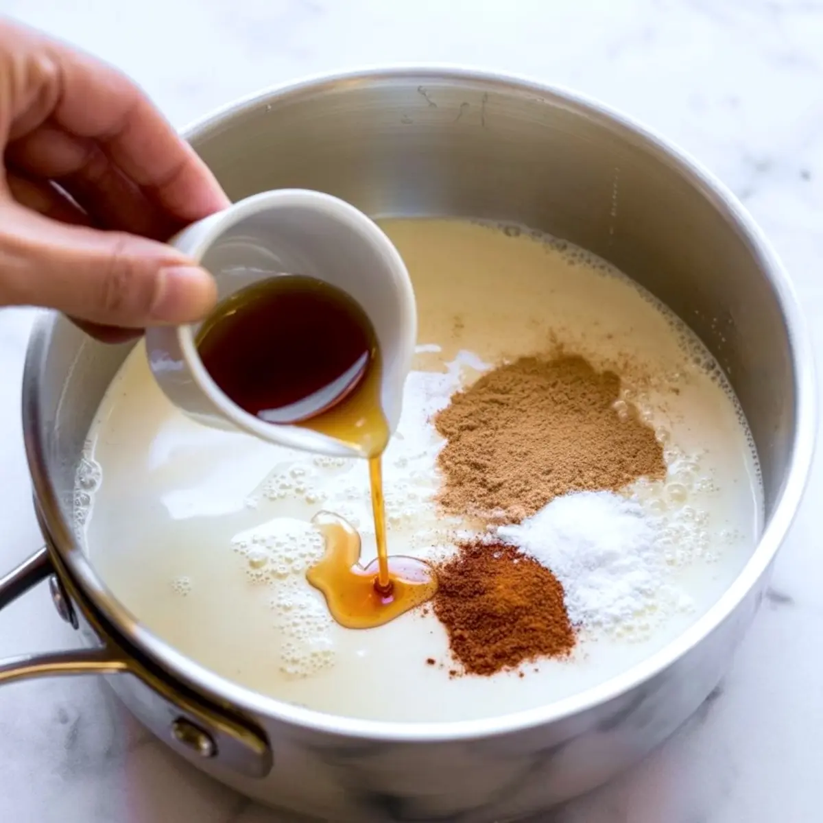 Hand pouring maple syrup into a saucepan with milk, cinnamon, nutmeg, and salt for making pumpkin coffee creamer.