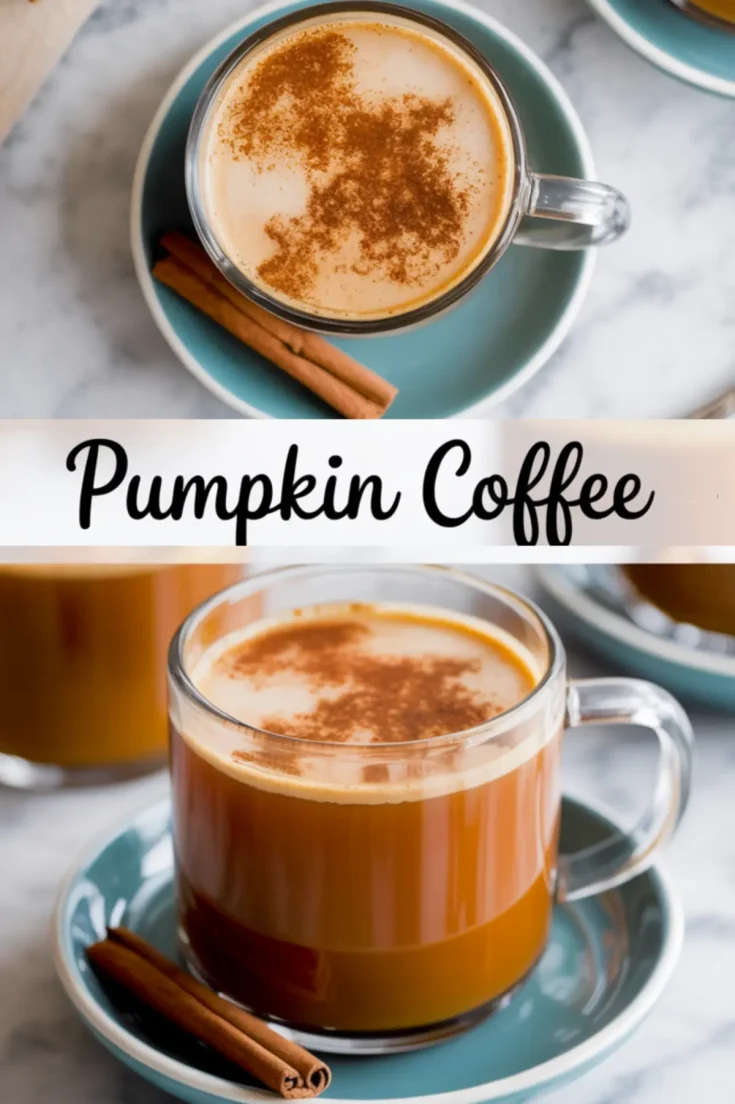 Collage image showing two clear mugs of pumpkin spice coffee topped with cinnamon, served on blue saucers with cinnamon sticks, and labeled “Pumpkin Coffee” in handwritten-style text.