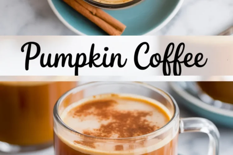 Collage image showing two clear mugs of pumpkin spice coffee topped with cinnamon, served on blue saucers with cinnamon sticks, and labeled “Pumpkin Coffee” in handwritten-style text.