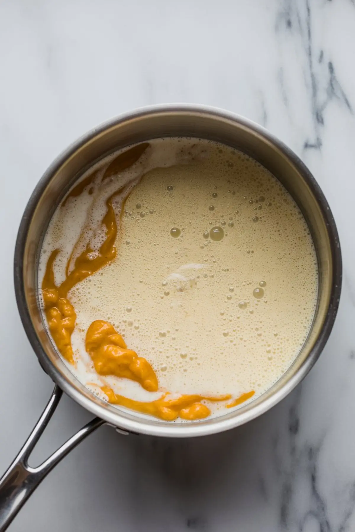 Overhead view of a saucepan filled with blended pumpkin puree and frothy milk mixture, set on a marble surface, showing the early stage of making pumpkin spice coffee.