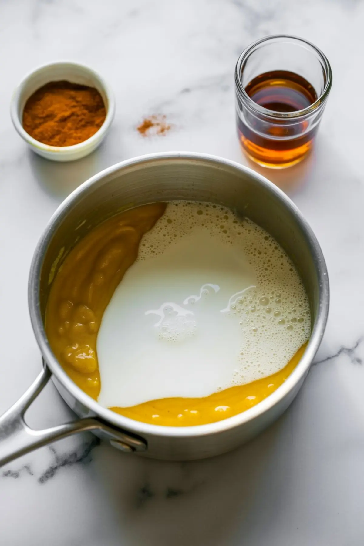 Overhead view of a saucepan with milk and pumpkin puree mixture, surrounded by a small bowl of pumpkin pie spice and a glass of vanilla extract, set on a marble surface.