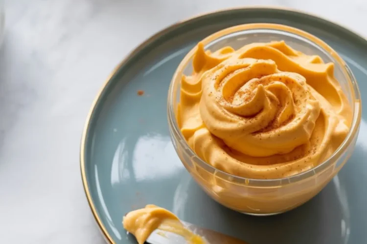 Small glass bowl filled with whipped pumpkin cream cheese topped with cinnamon on a blue plate, alongside a knife and a bagel half spread with the mixture.