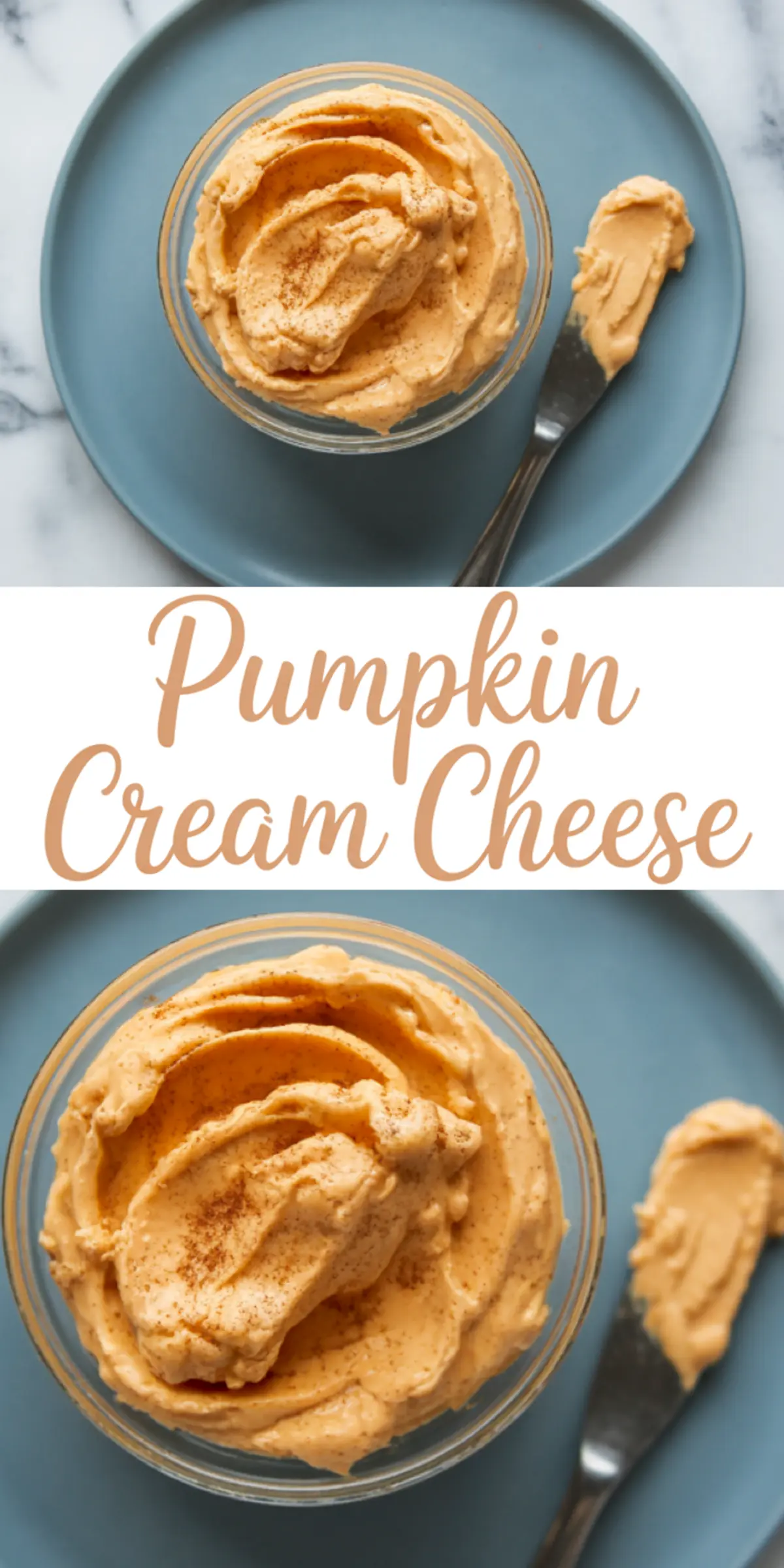 Top and angled views of pumpkin cream cheese in a glass bowl on a blue plate, with soft swirls and a vintage butter knife resting beside it.