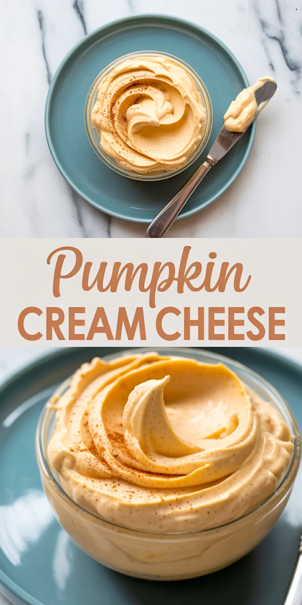 Top and close-up views of whipped pumpkin cream cheese piped into a swirl and sprinkled with cinnamon, served in a clear glass bowl with a knife on a blue plate.