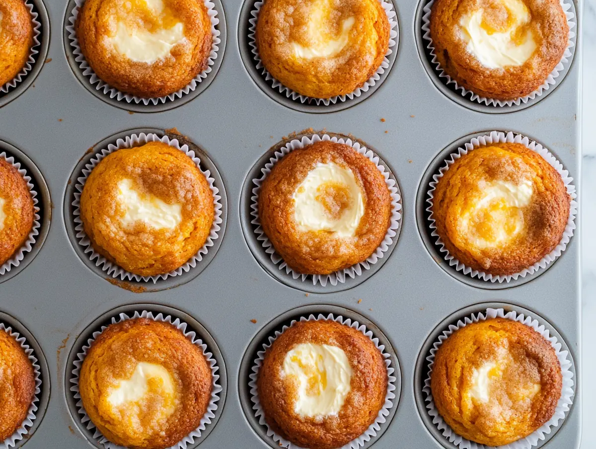 Baked pumpkin cream cheese muffins in a metal muffin tray with golden tops and creamy swirled centers.
