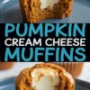 Two-photo collage of halved pumpkin cream cheese muffins on a blue plate, showcasing moist texture and creamy filling with bold "Pumpkin Cream Cheese Muffins" text.