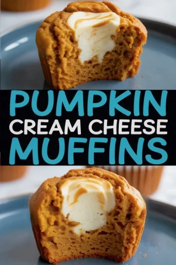 Two-photo collage of halved pumpkin cream cheese muffins on a blue plate, showcasing moist texture and creamy filling with bold "Pumpkin Cream Cheese Muffins" text.